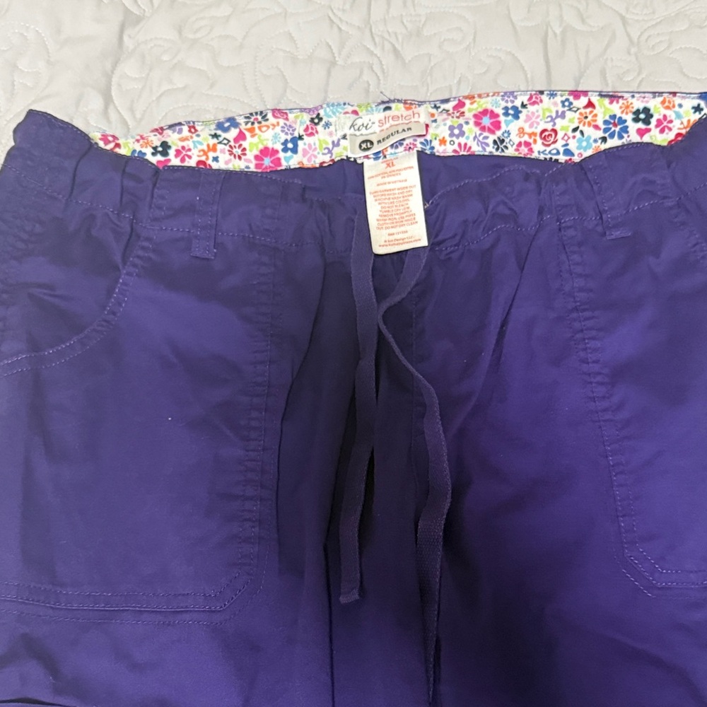 koi Purple Drawstring Scrub Pants with Floral Waistband